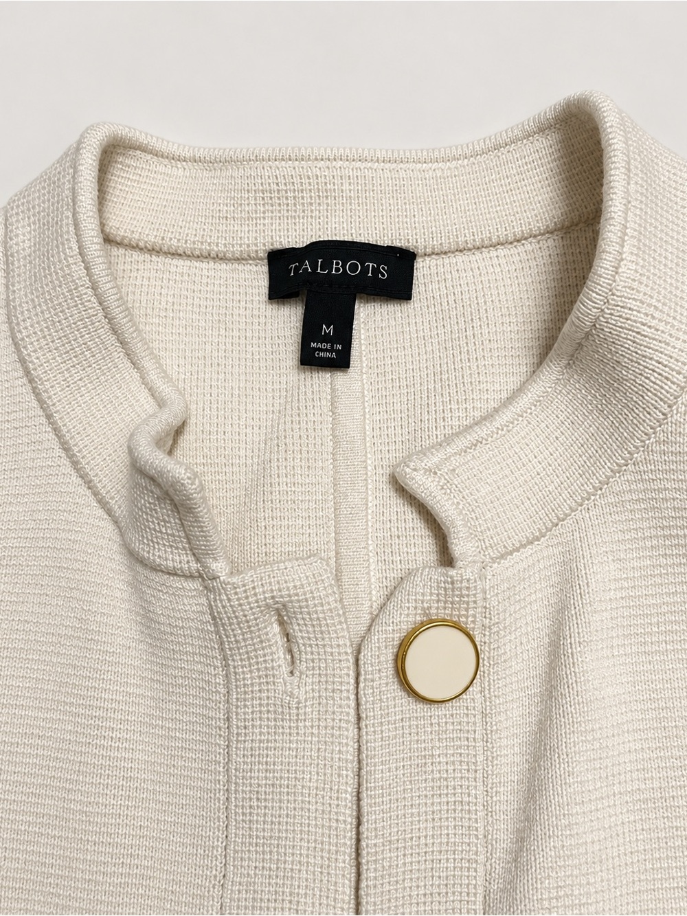Talbots Banded Collar Sweater Jacket Ivory Gold Buttons Size M